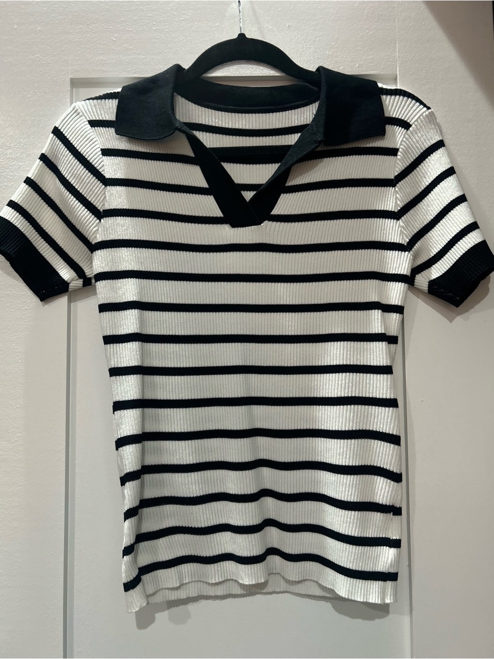 Women’s Black & White Striped Polo Top